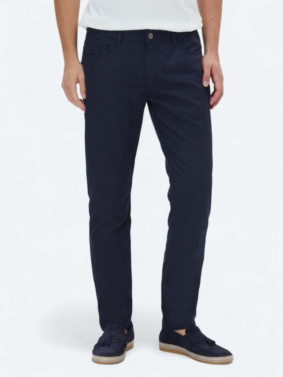 Navy Blue Denim Slim Fit Casual Cotton Blended Trousers - 2