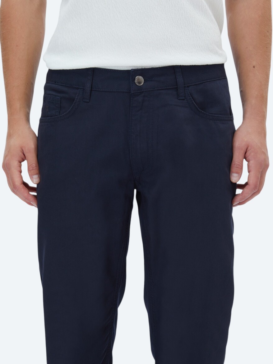 Navy Blue Denim Slim Fit Casual Cotton Blended Trousers - 3