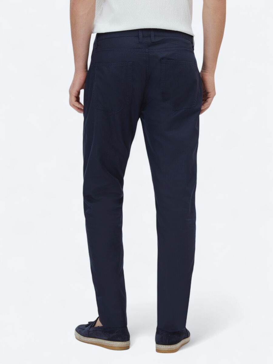 Navy Blue Denim Slim Fit Casual Cotton Blended Trousers - 4