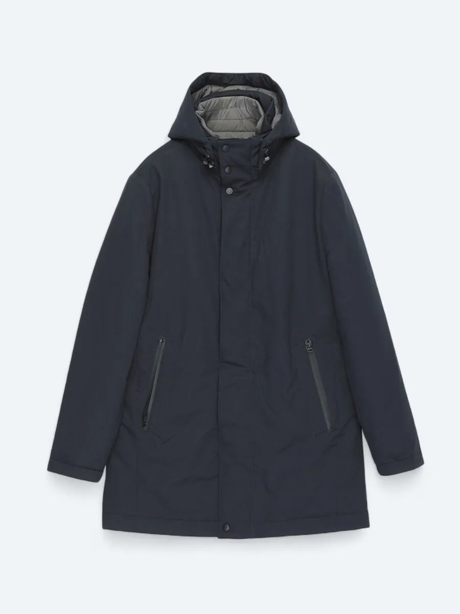 Navy Blue Hooded Casual Weaving Coat - 1