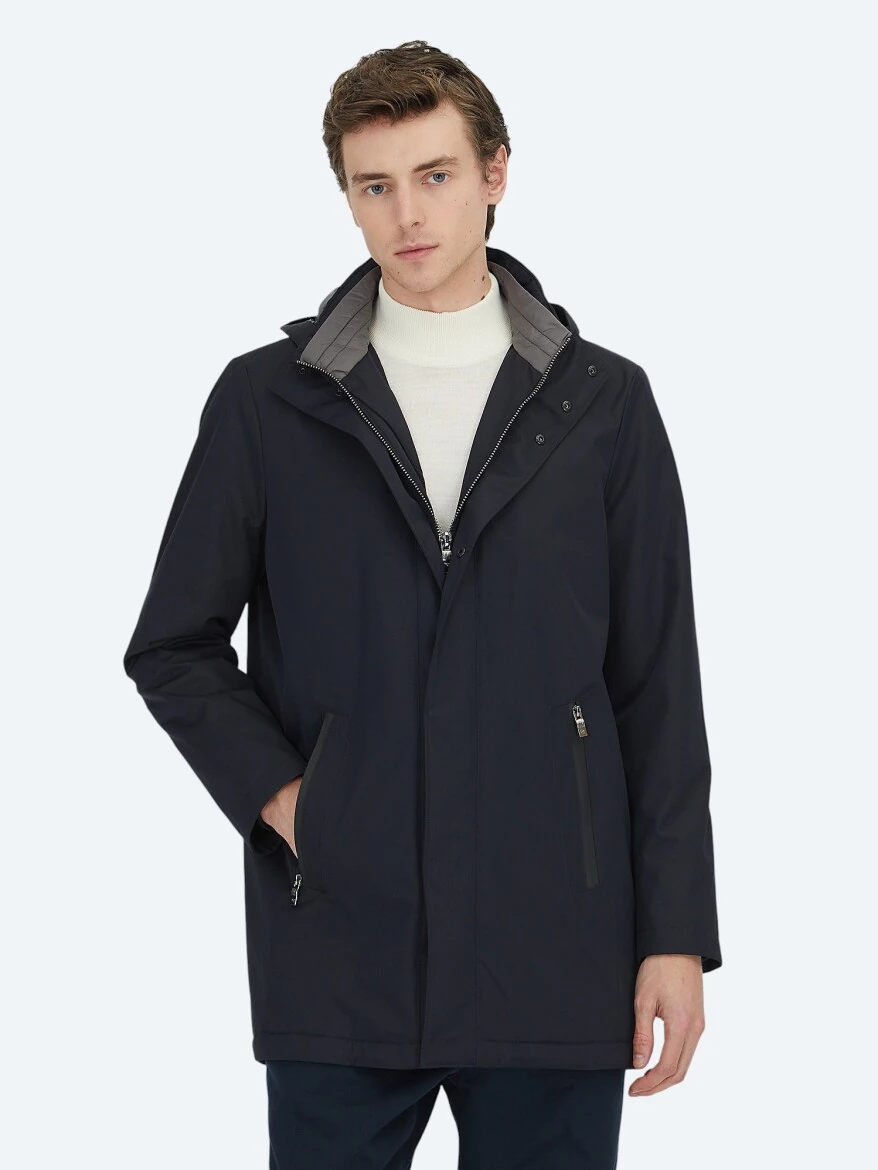 Navy Blue Hooded Casual Weaving Coat - KİP