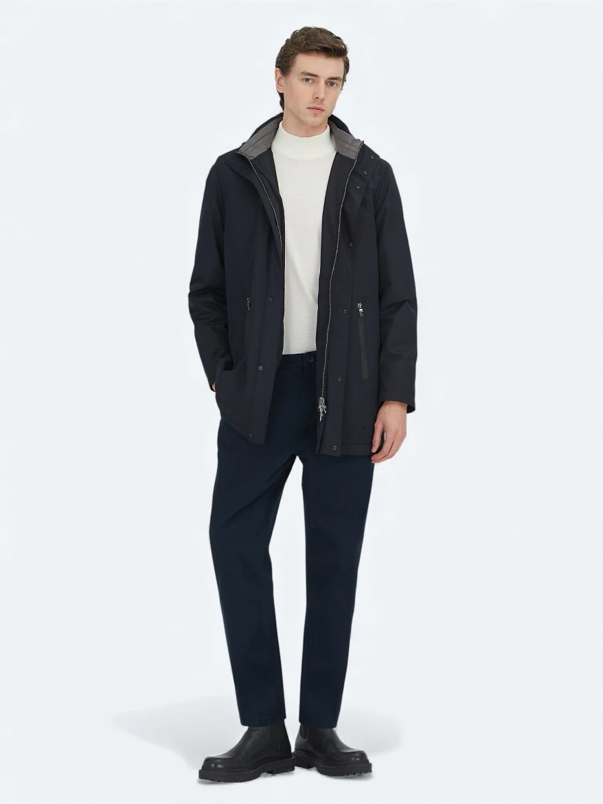 Navy Blue Hooded Casual Weaving Coat - KİP