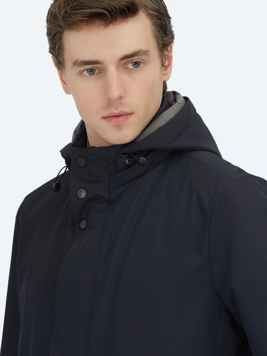 Navy Blue Hooded Casual Weaving Coat - 3