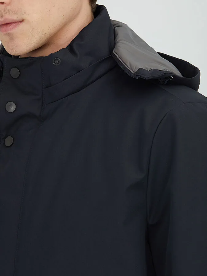 Navy Blue Hooded Casual Weaving Coat - 4