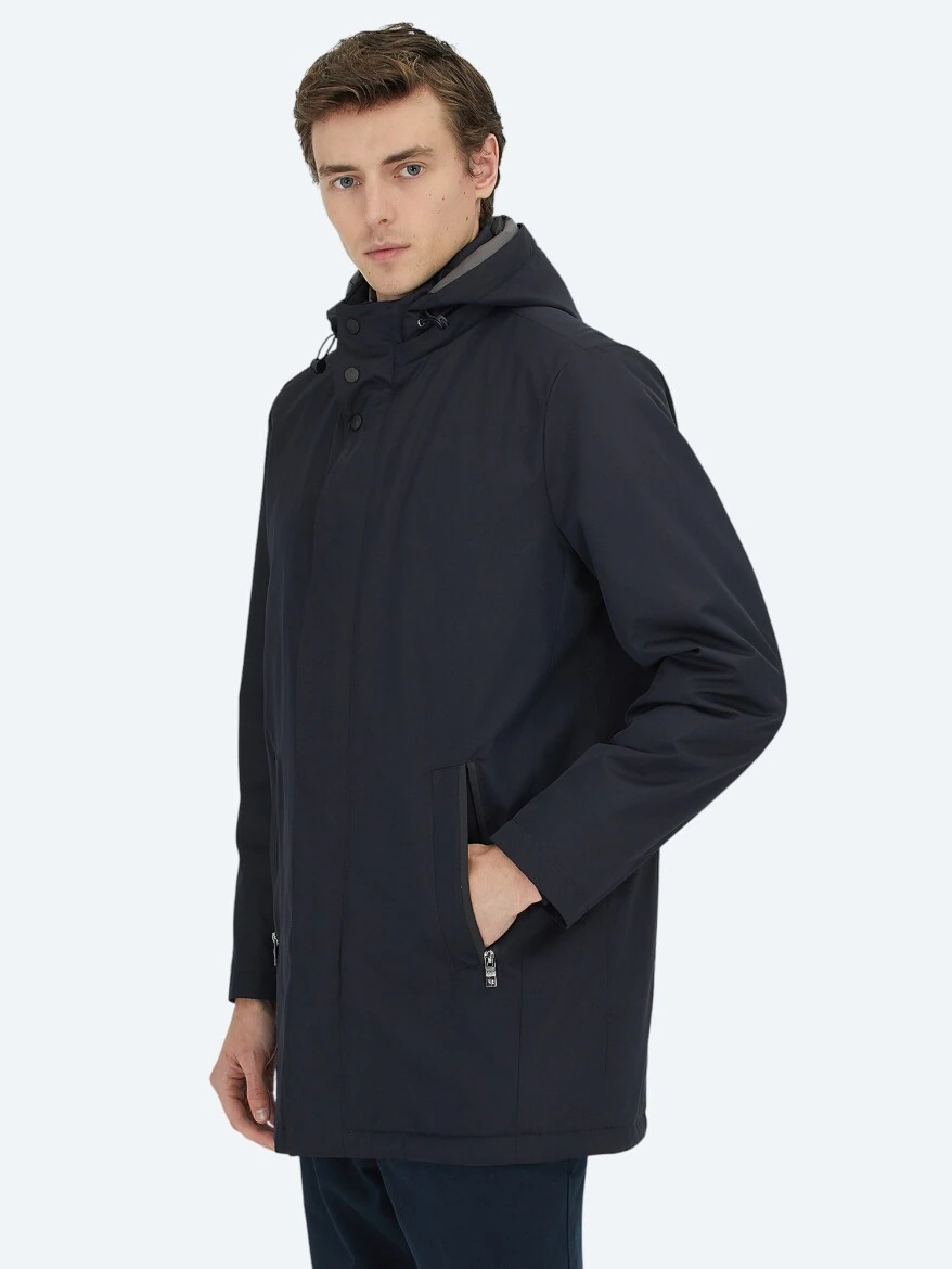 Navy Blue Hooded Casual Weaving Coat - 5