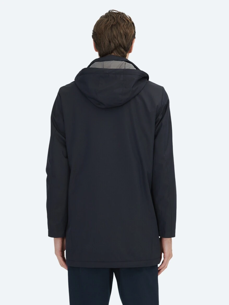 Navy Blue Hooded Casual Weaving Coat - 6