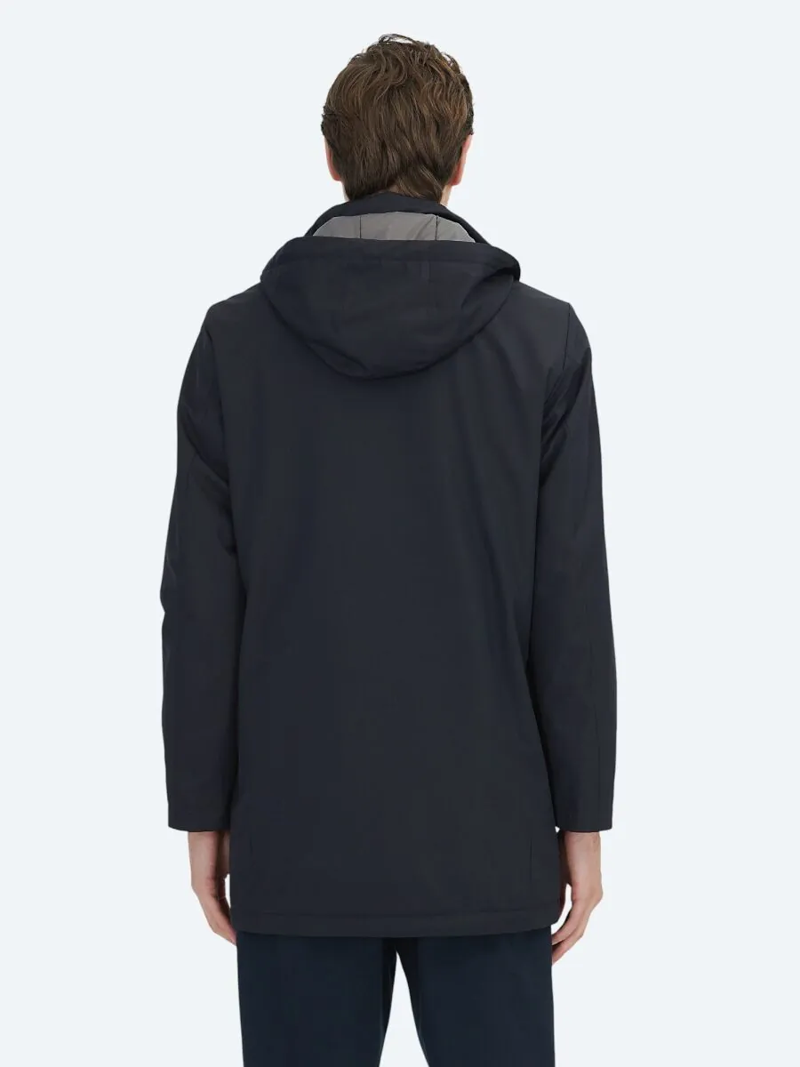 Navy Blue Hooded Casual Weaving Coat - 6