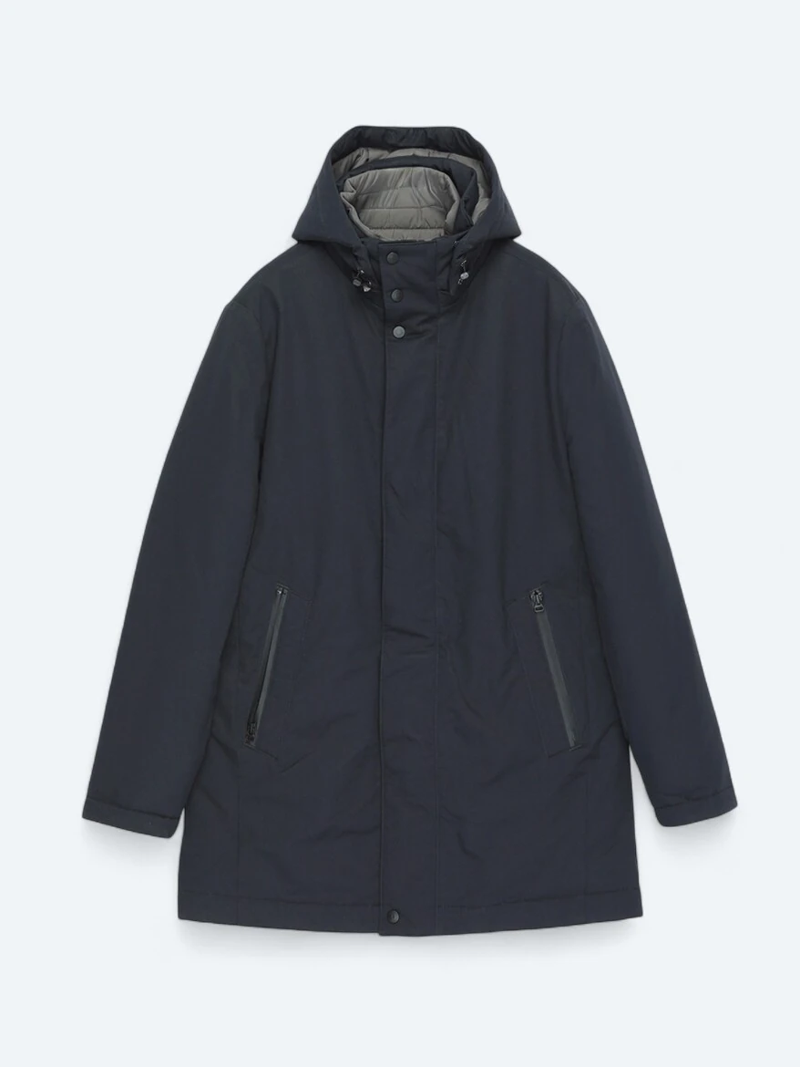 Navy Blue Hooded Casual Weaving Coat - 7