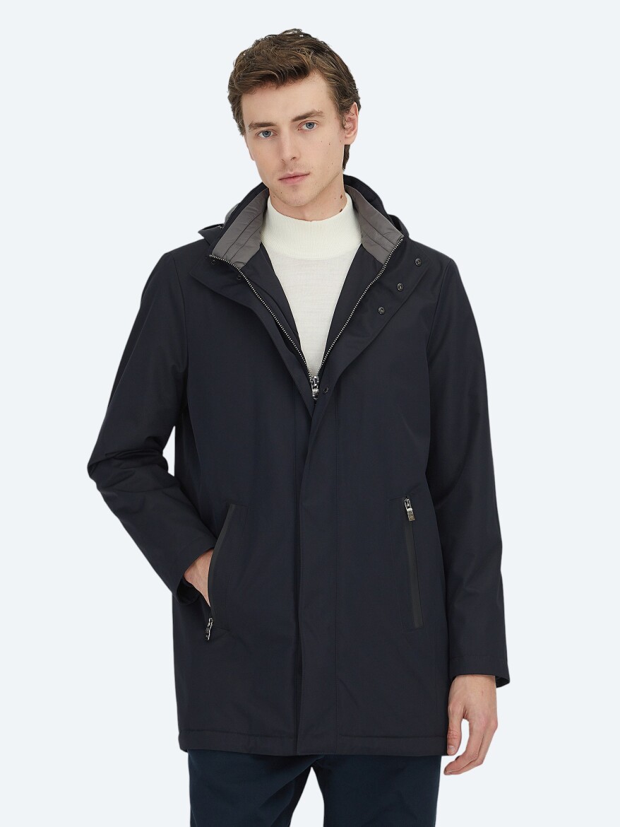 Navy Blue Hooded Casual Weaving Coat - KİP
