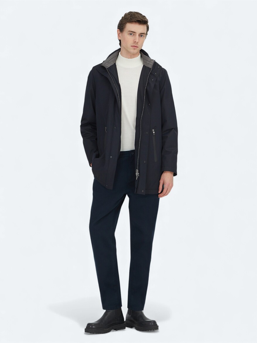 Navy Blue Hooded Casual Weaving Coat - KİP