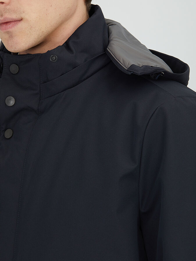 Navy Blue Hooded Casual Weaving Coat - 4