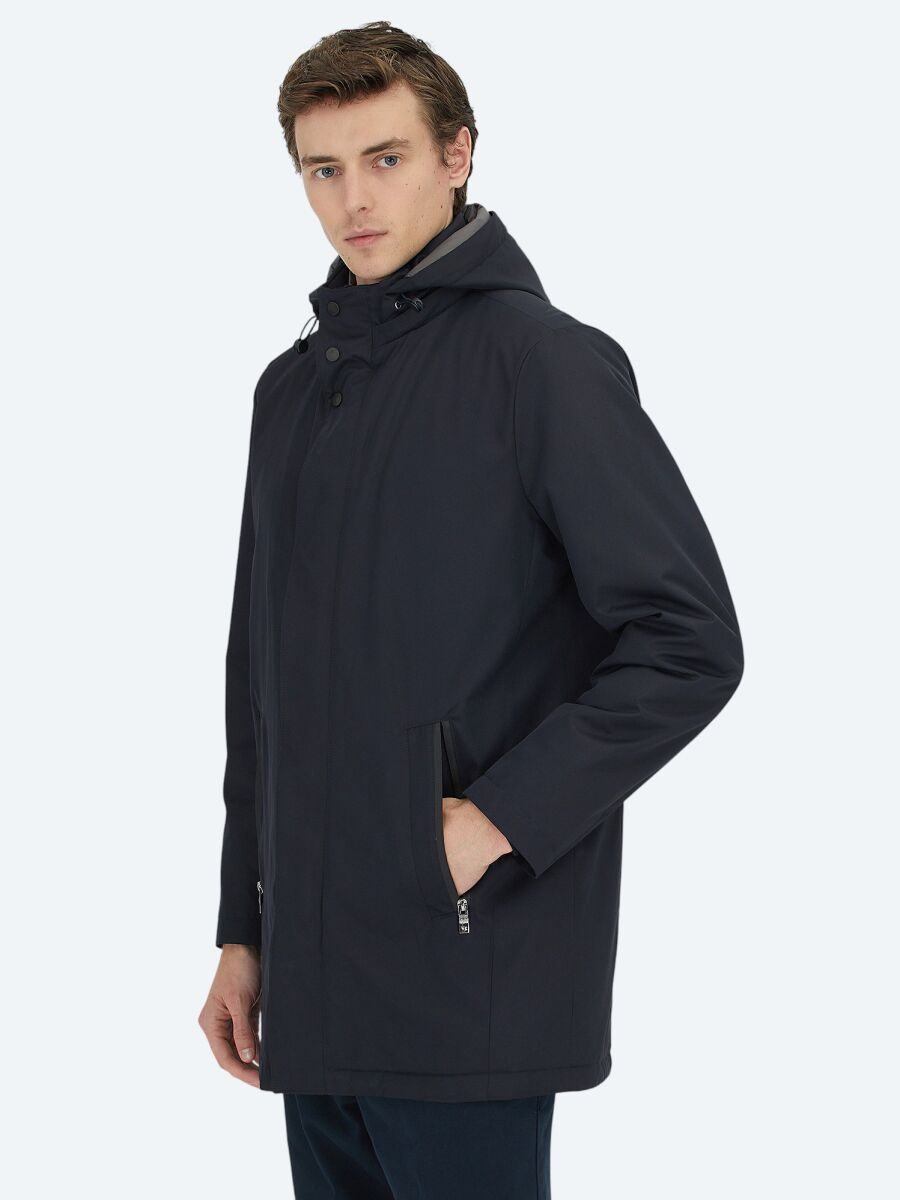 Navy Blue Hooded Casual Weaving Coat - 5
