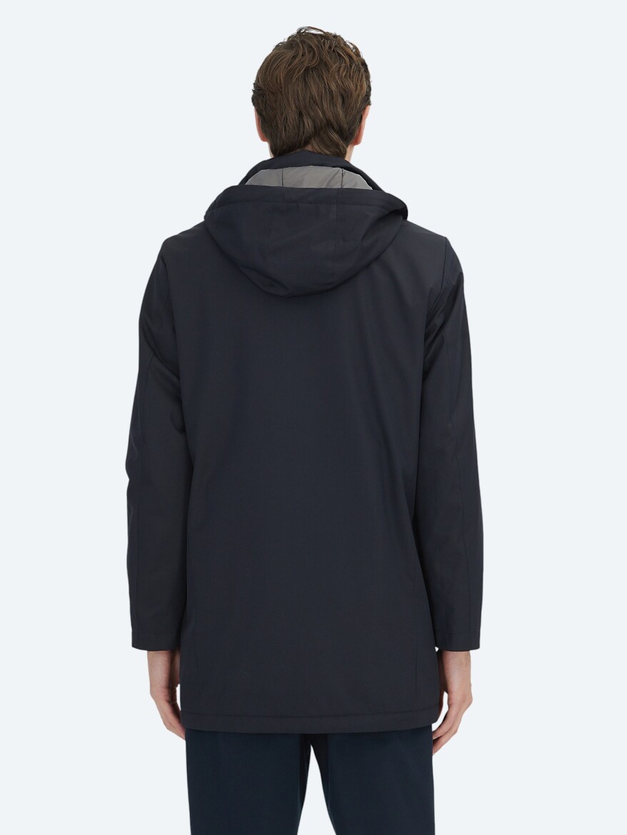 Navy Blue Hooded Casual Weaving Coat - 6