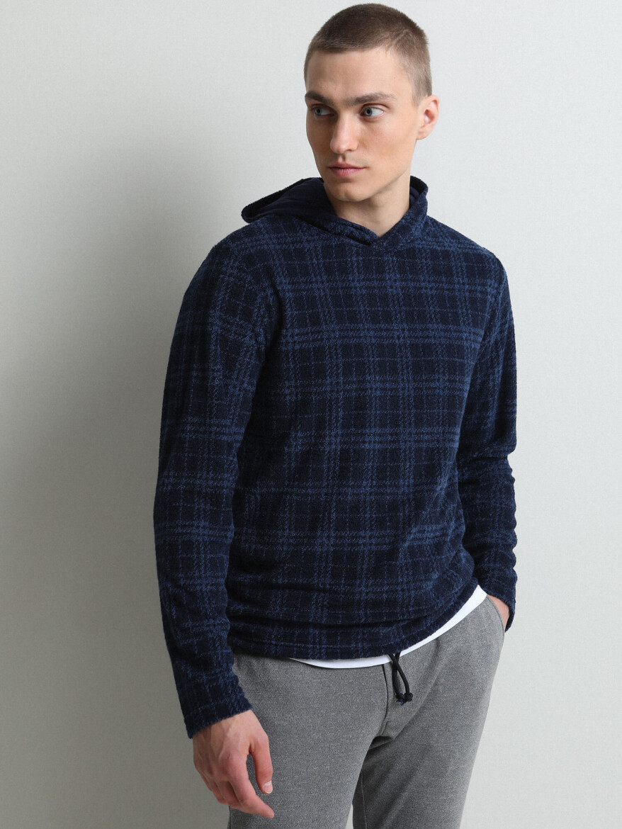 Navy Blue Hooded Jacquard Sweatshirt - 4