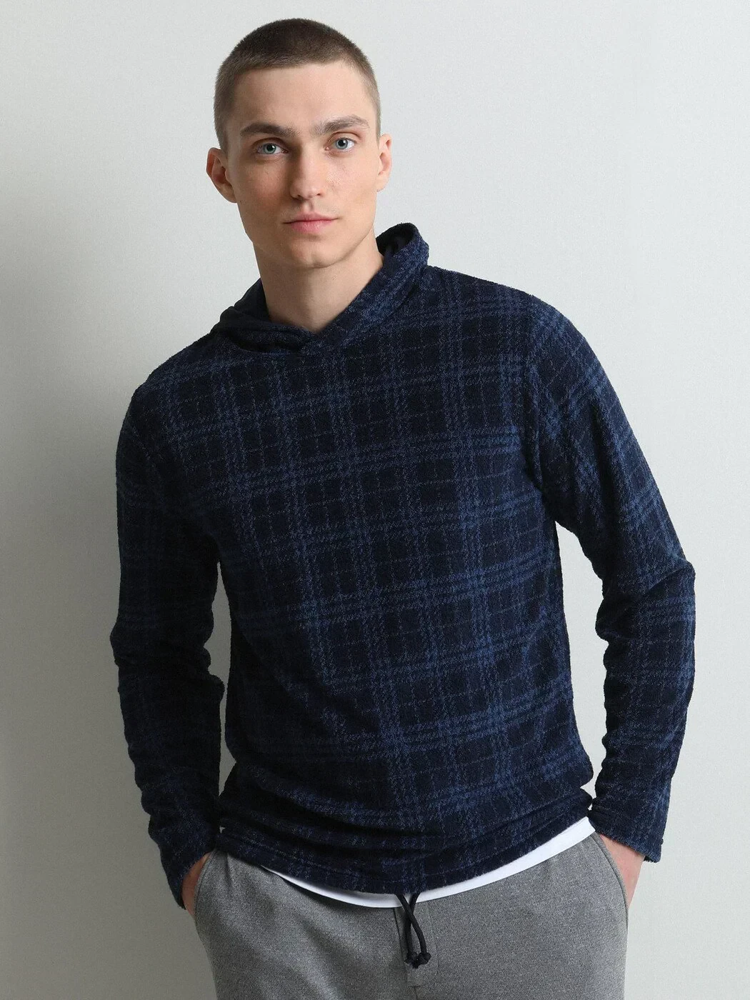 Navy Blue Hooded Jacquard Sweatshirt - 1