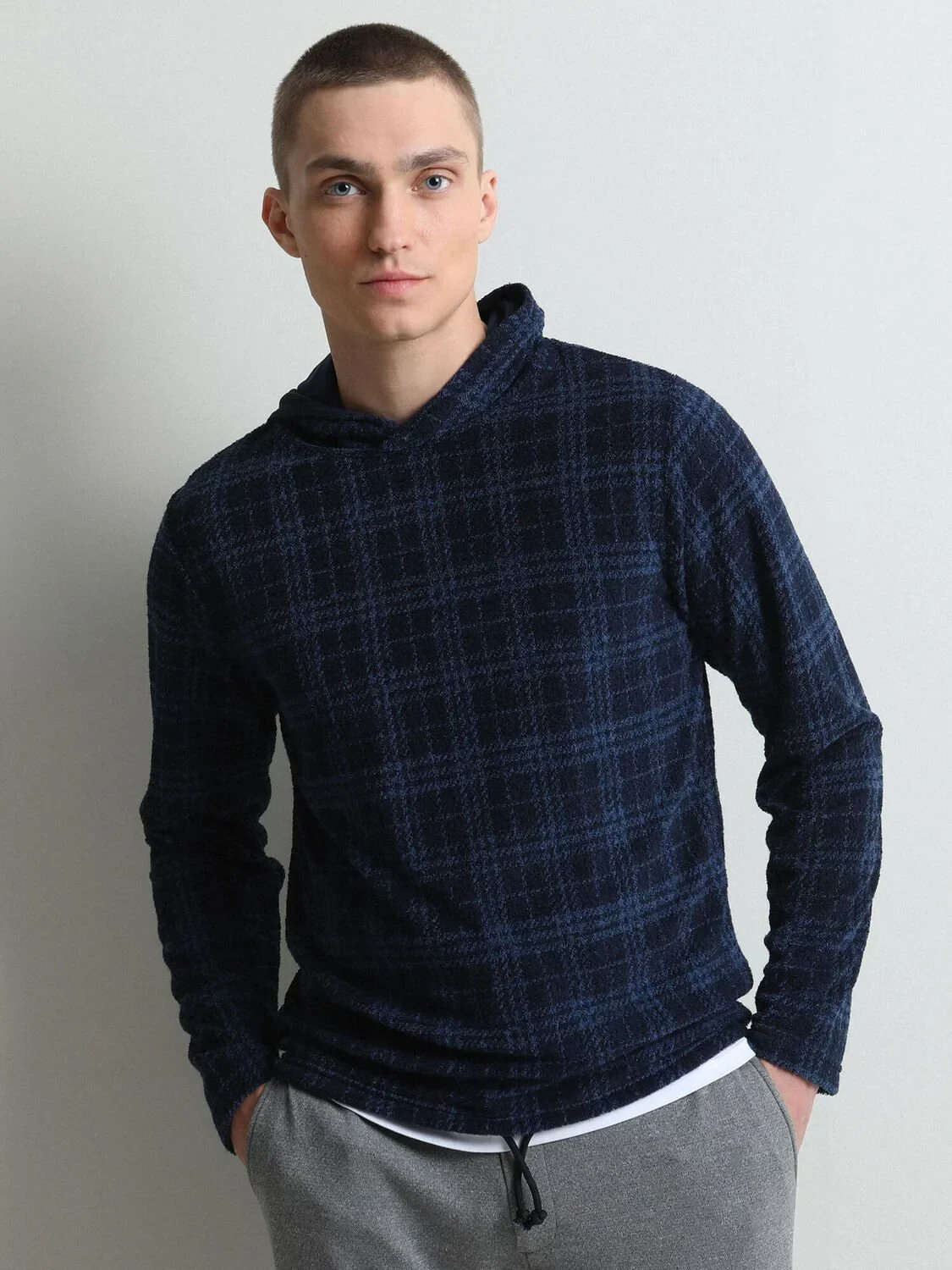 Navy Blue Hooded Jacquard Sweatshirt - 1