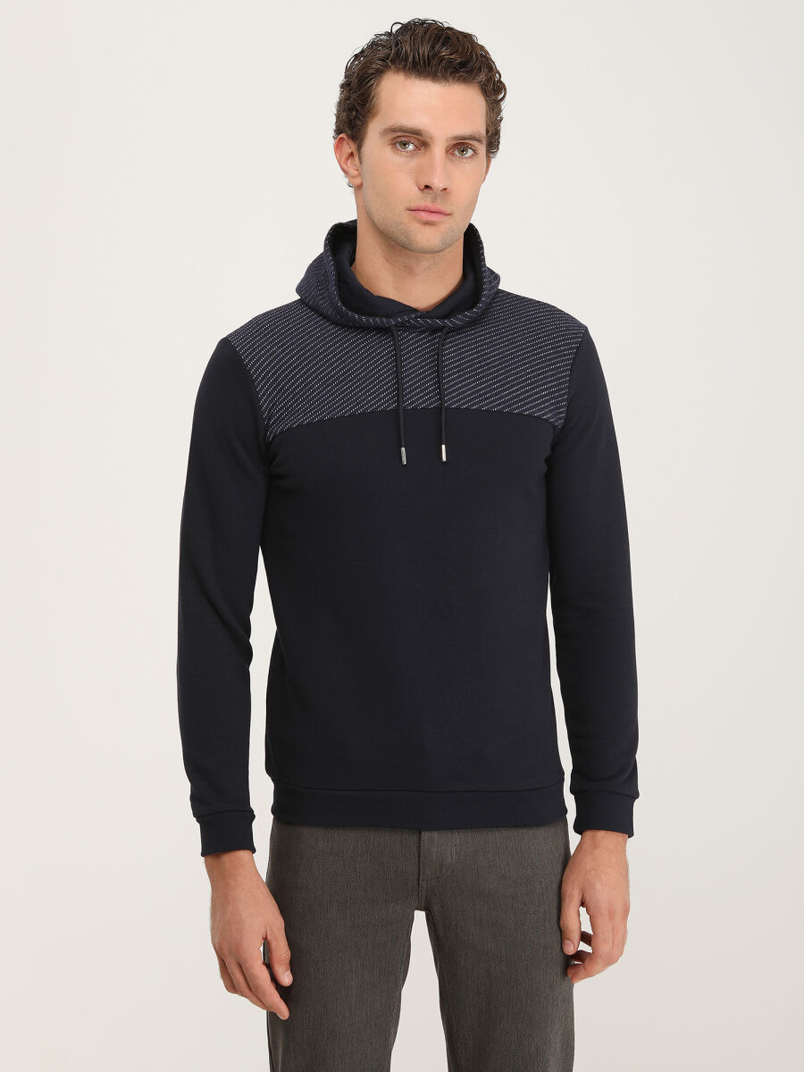Navy Blue Hooded Patterned Sweatshirt - 2