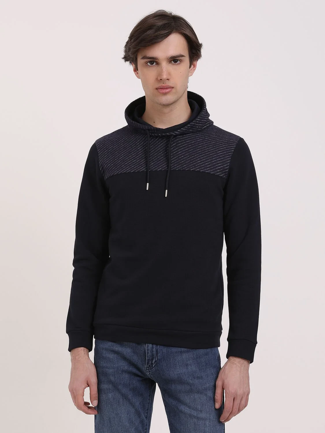 Navy Blue Hooded Patterned Sweatshirt - 1