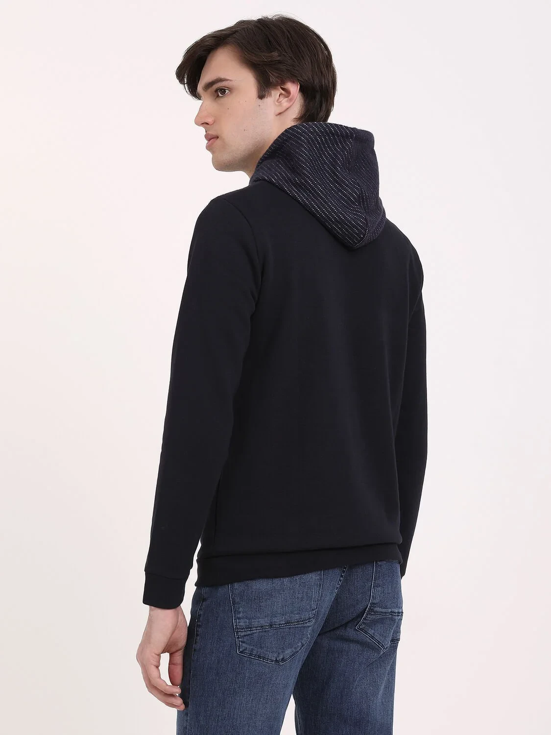 Navy Blue Hooded Patterned Sweatshirt - 4