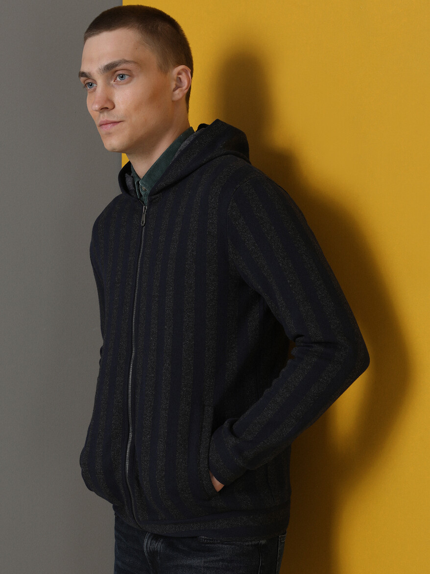 Navy Blue Hooded Patterned Sweatshirt - 1