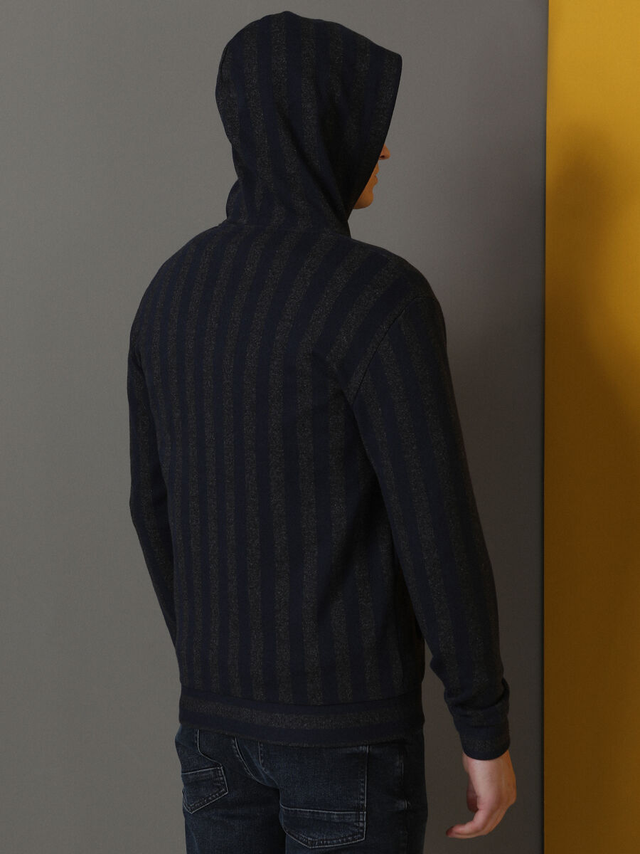 Navy Blue Hooded Patterned Sweatshirt - 4