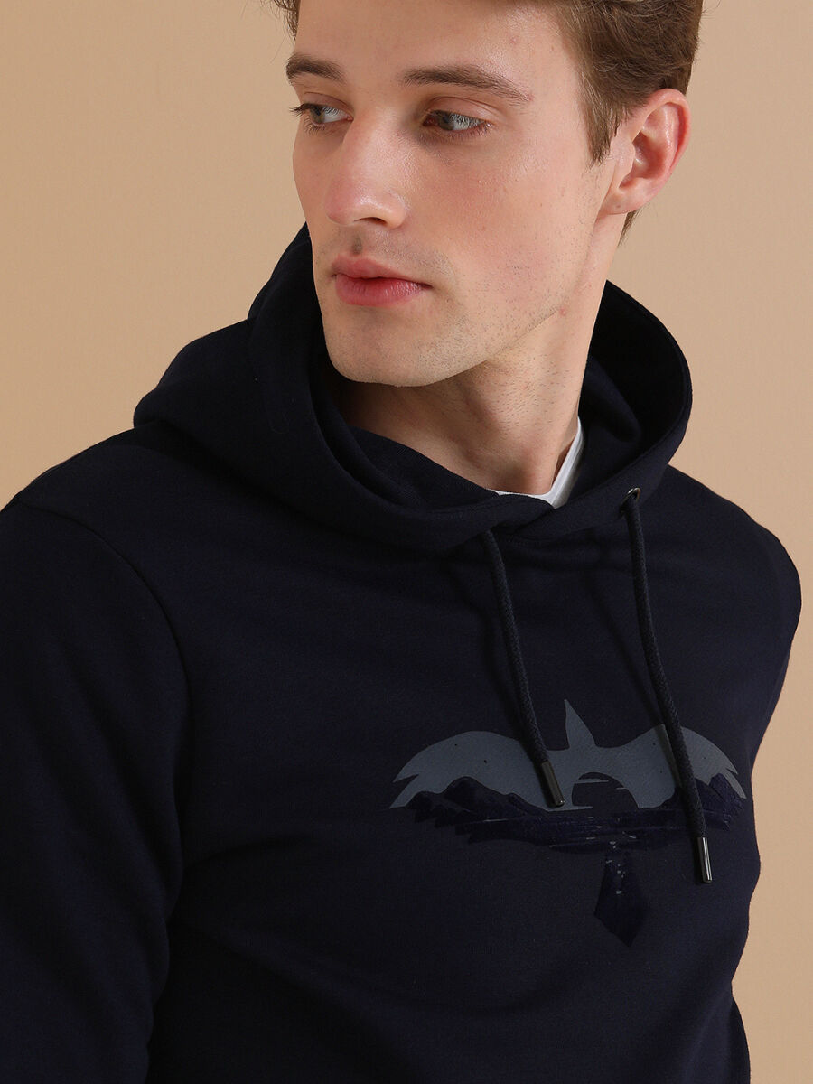 Navy Blue Hooded Printed Sweatshirt - 1
