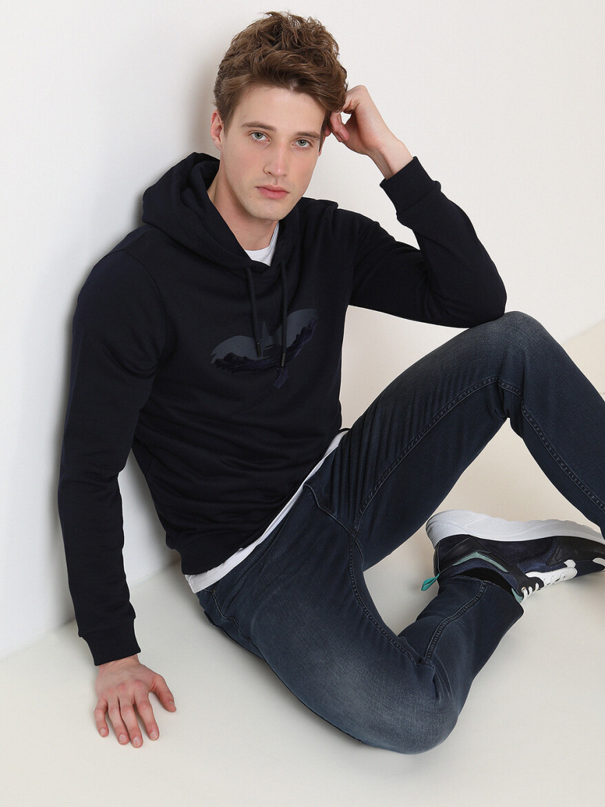 Navy Blue Hooded Printed Sweatshirt - 2