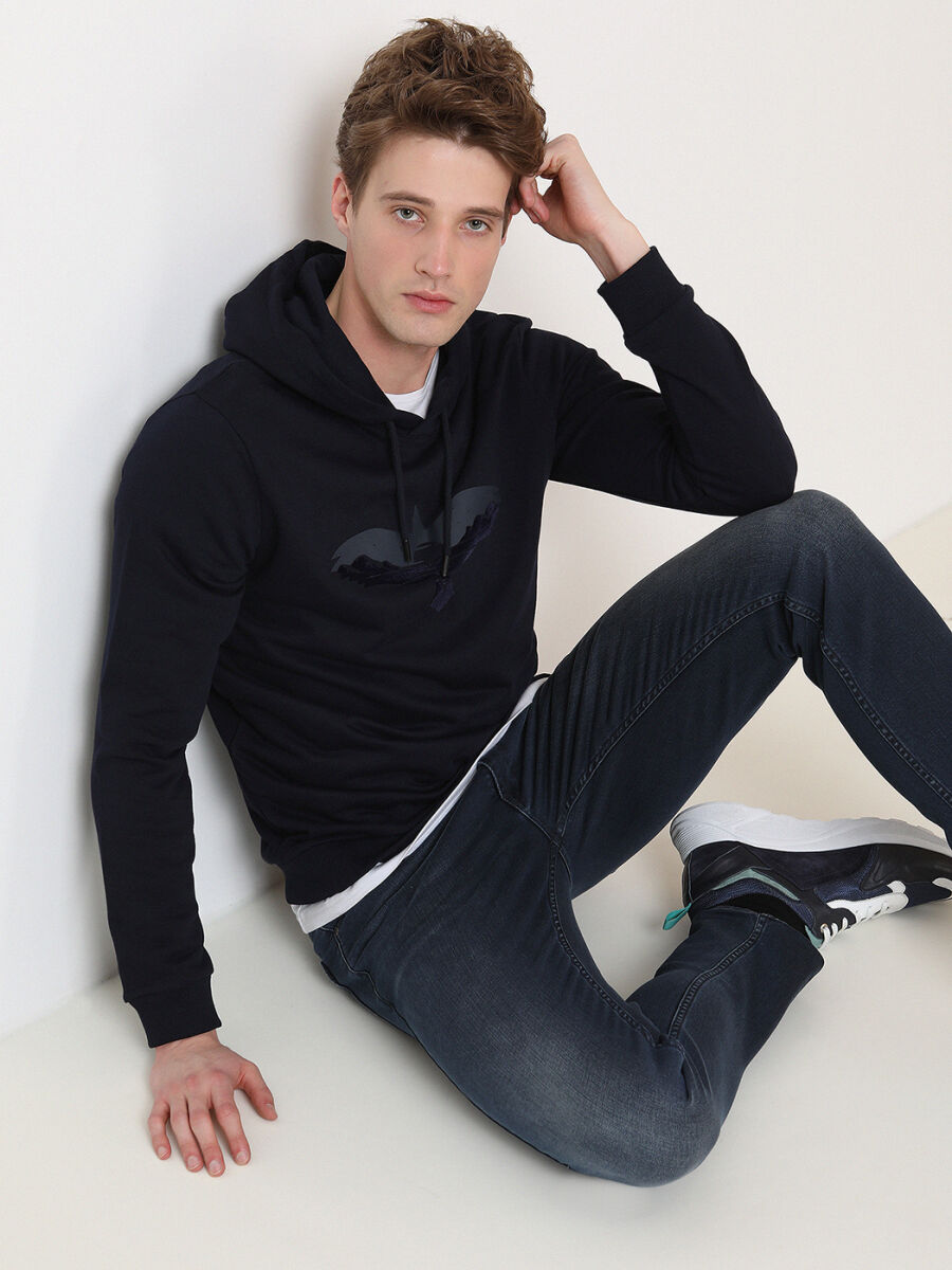 Navy Blue Hooded Printed Sweatshirt - 2