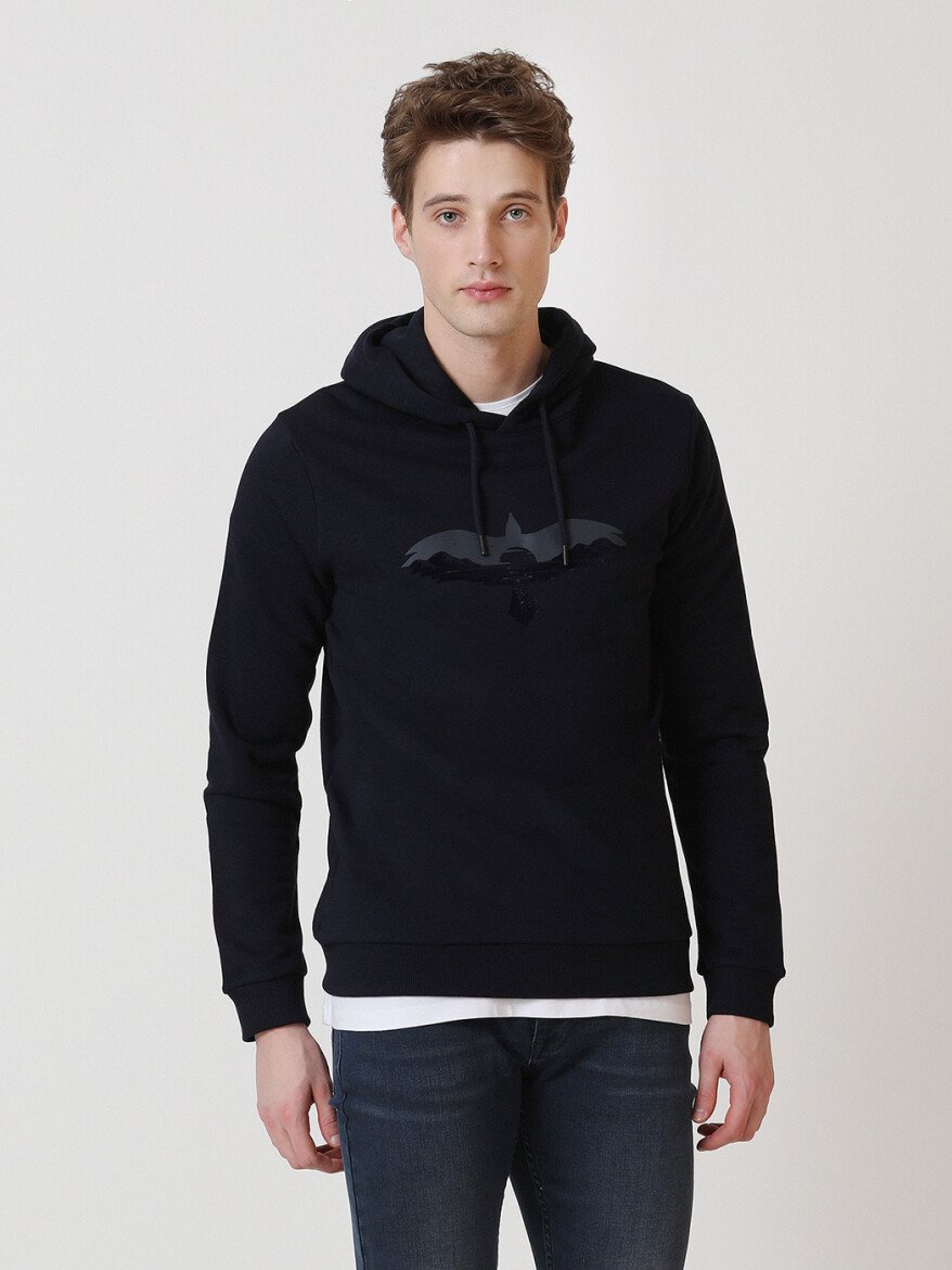 Navy Blue Hooded Printed Sweatshirt - 3
