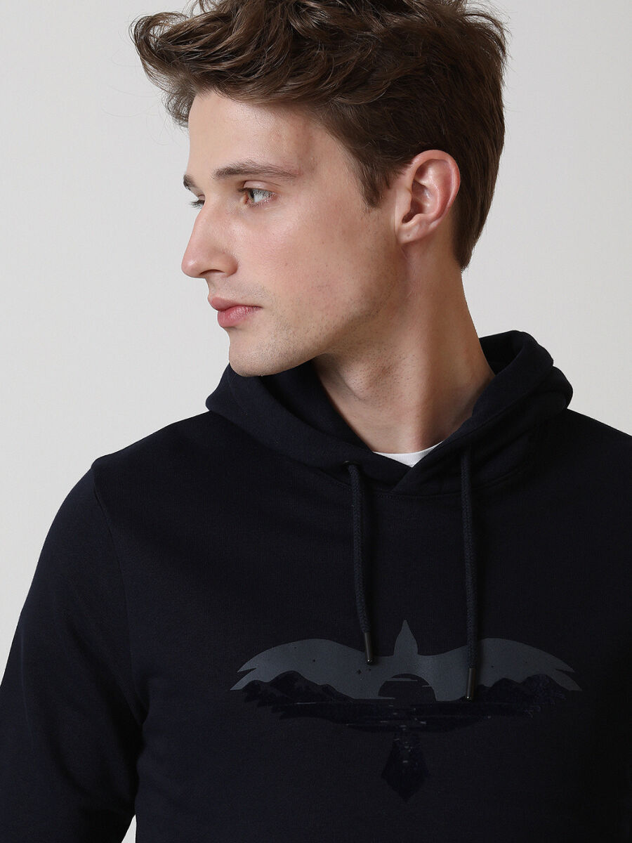 Navy Blue Hooded Printed Sweatshirt - 4