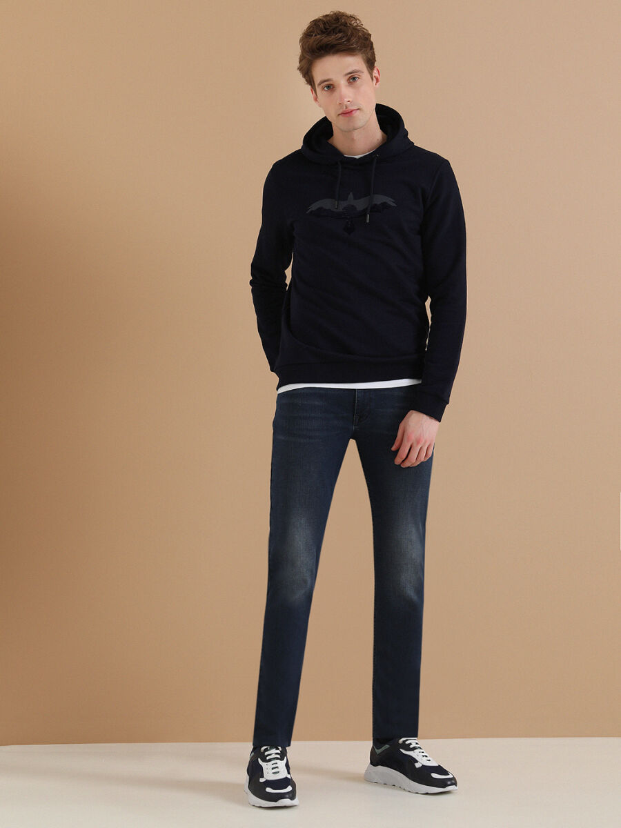 Navy Blue Hooded Printed Sweatshirt - 5