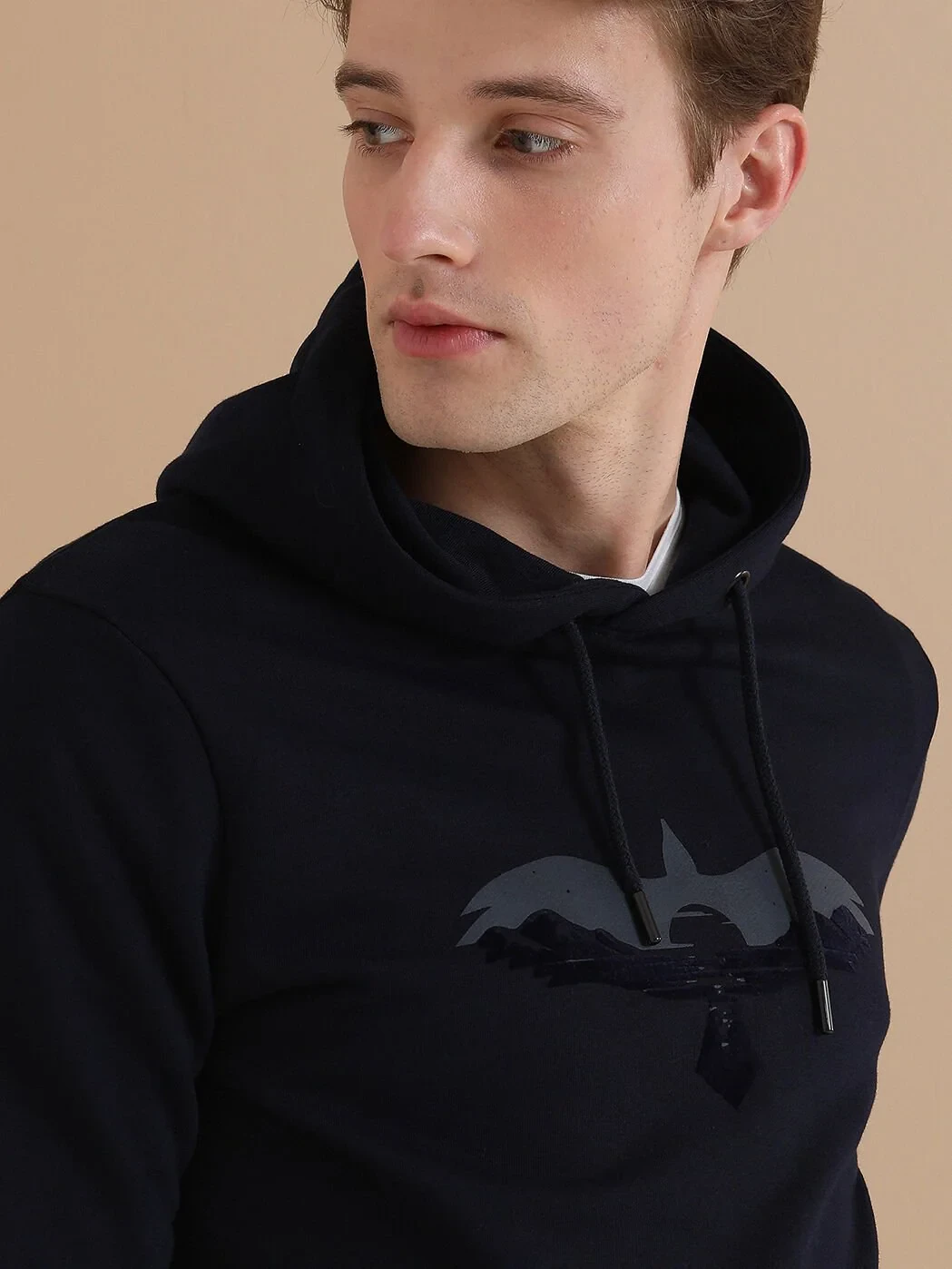 Navy Blue Hooded Printed Sweatshirt - 1