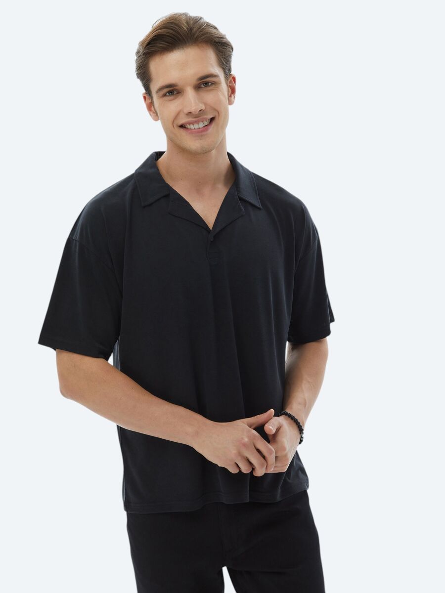 Navy Blue Jacquard Cuban Collar T-Shirt - 1