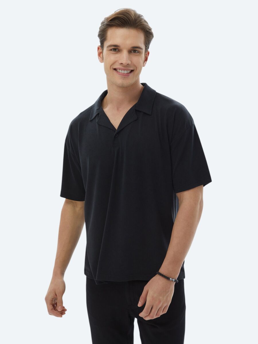 Navy Blue Jacquard Cuban Collar T-Shirt - 4