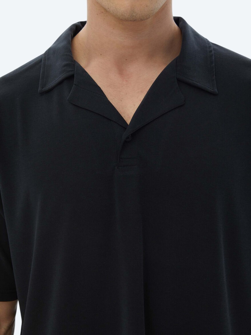 Navy Blue Jacquard Cuban Collar T-Shirt - 5