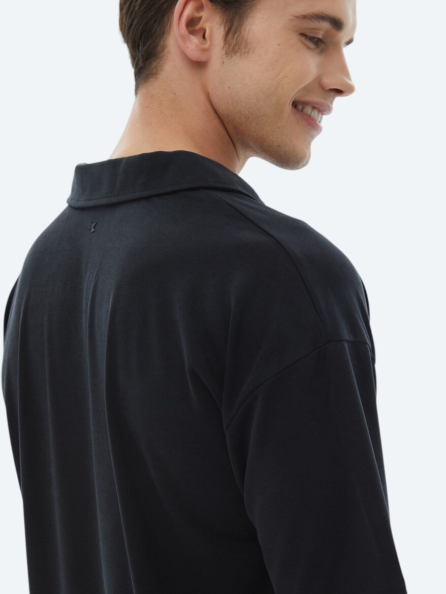 Navy Blue Jacquard Cuban Collar T-Shirt - 6