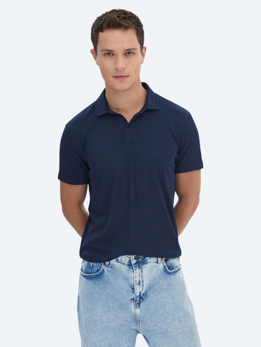 Navy Blue Jacquard Polo Neck Cotton Blended T-Shirt - 1
