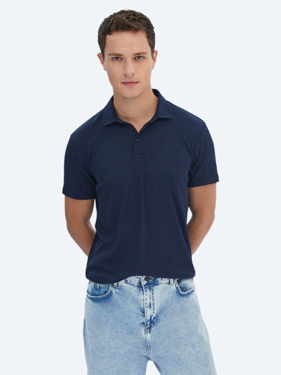 Navy Blue Jacquard Polo Neck Cotton Blended T-Shirt - 1