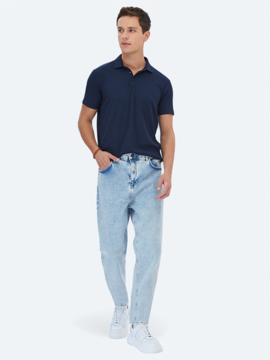 Navy Blue Jacquard Polo Neck Cotton Blended T-Shirt - 2