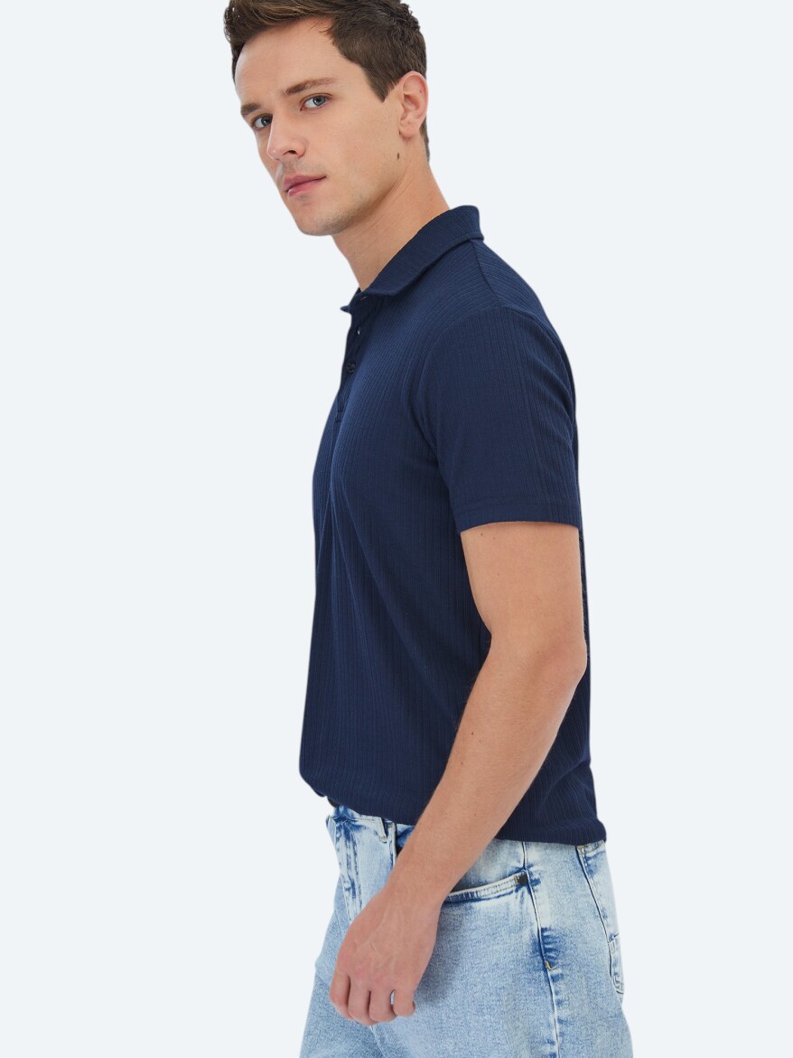 Navy Blue Jacquard Polo Neck Cotton Blended T-Shirt - 4