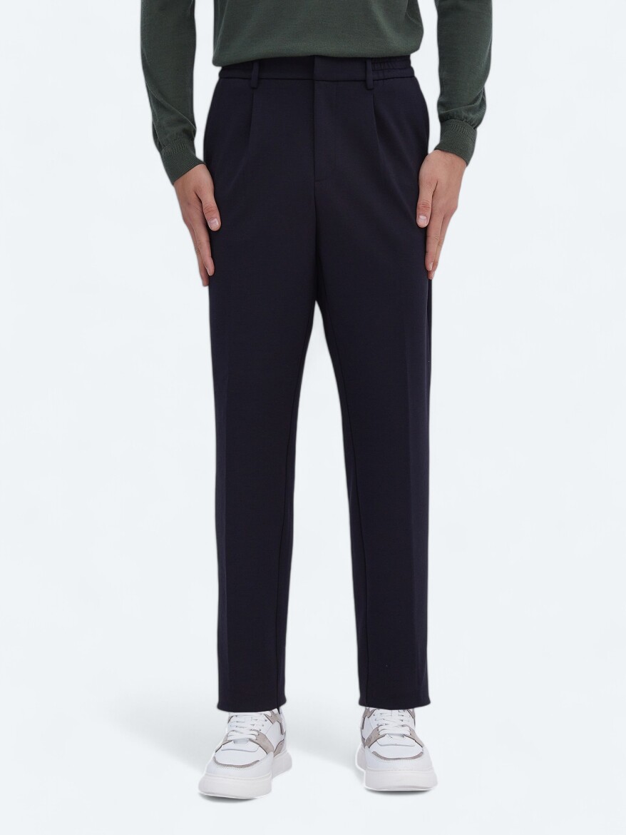 Navy Blue Knitting Carrot Fit Casual Trousers - 2