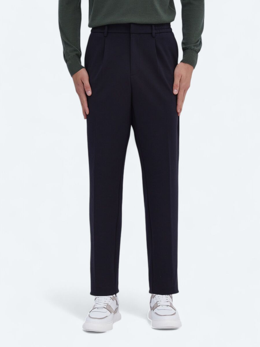 Navy Blue Knitting Carrot Fit Casual Trousers - 2