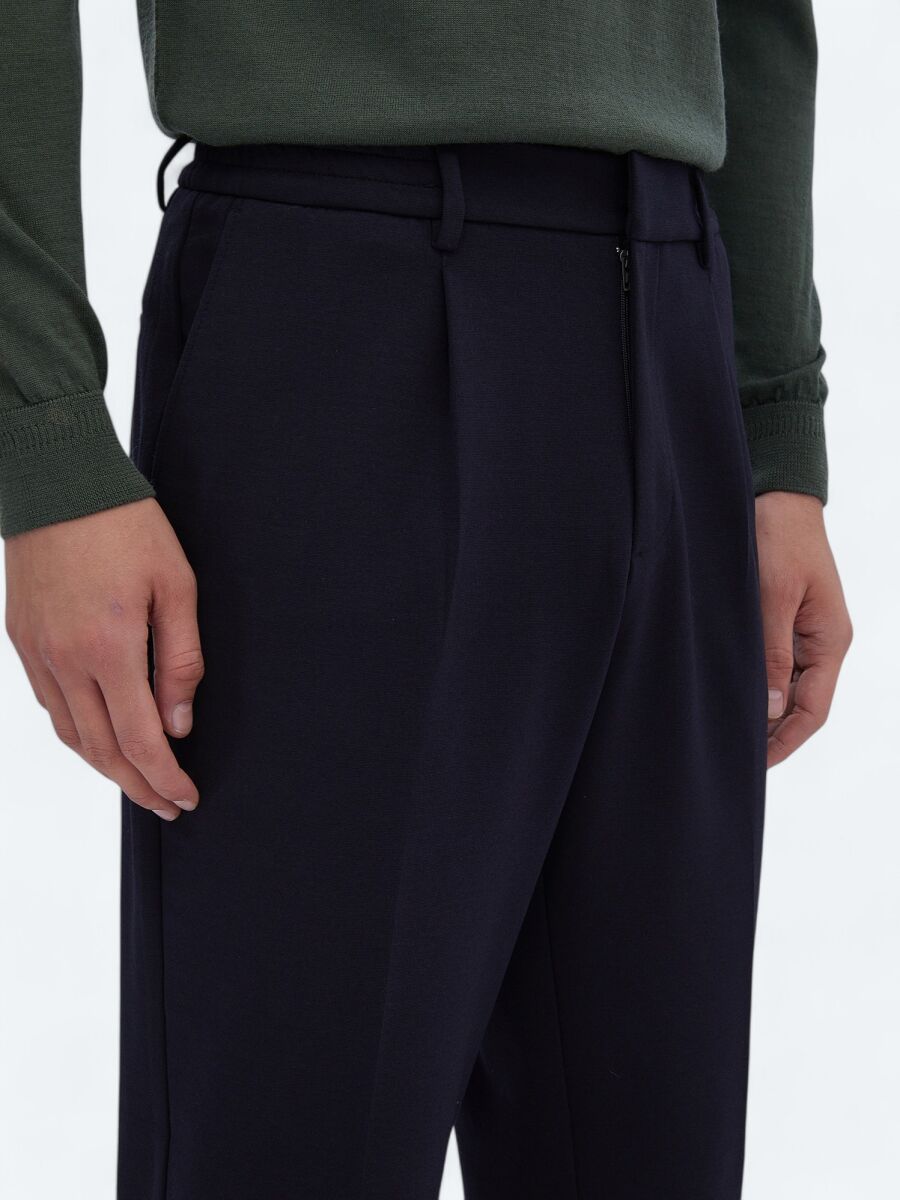 Navy Blue Knitting Carrot Fit Casual Trousers - 3