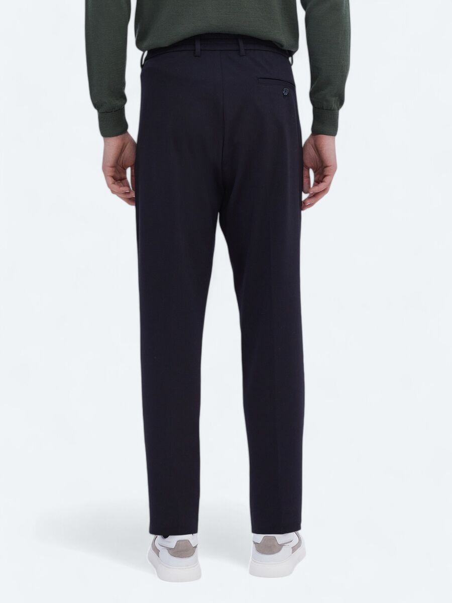 Navy Blue Knitting Carrot Fit Casual Trousers - 4