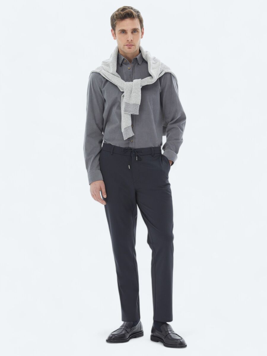 Navy Blue Knitting Jogging Fit Casual Trousers - 1