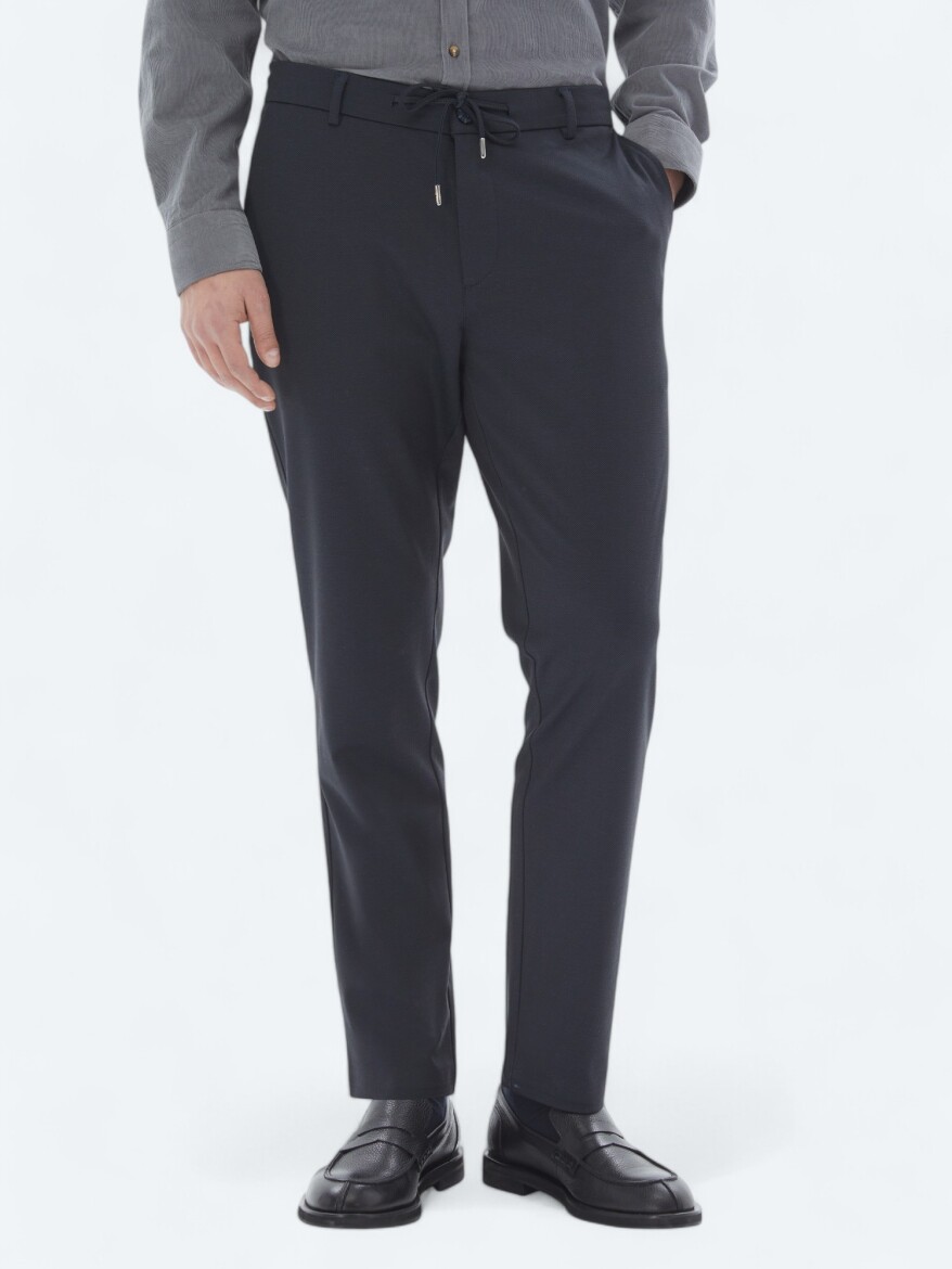 Navy Blue Knitting Jogging Fit Casual Trousers - 2