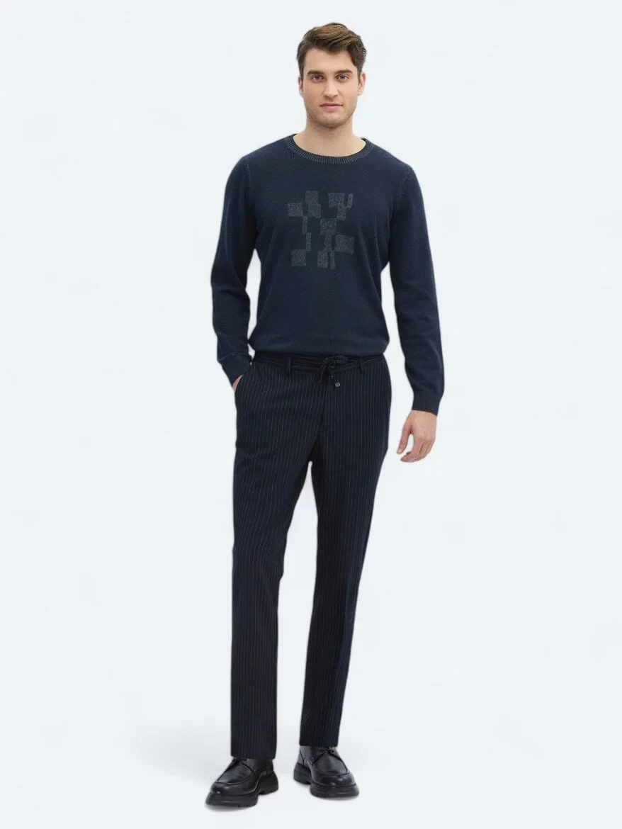 Navy Blue Knitting Jogging Fit Casual Trousers - 1