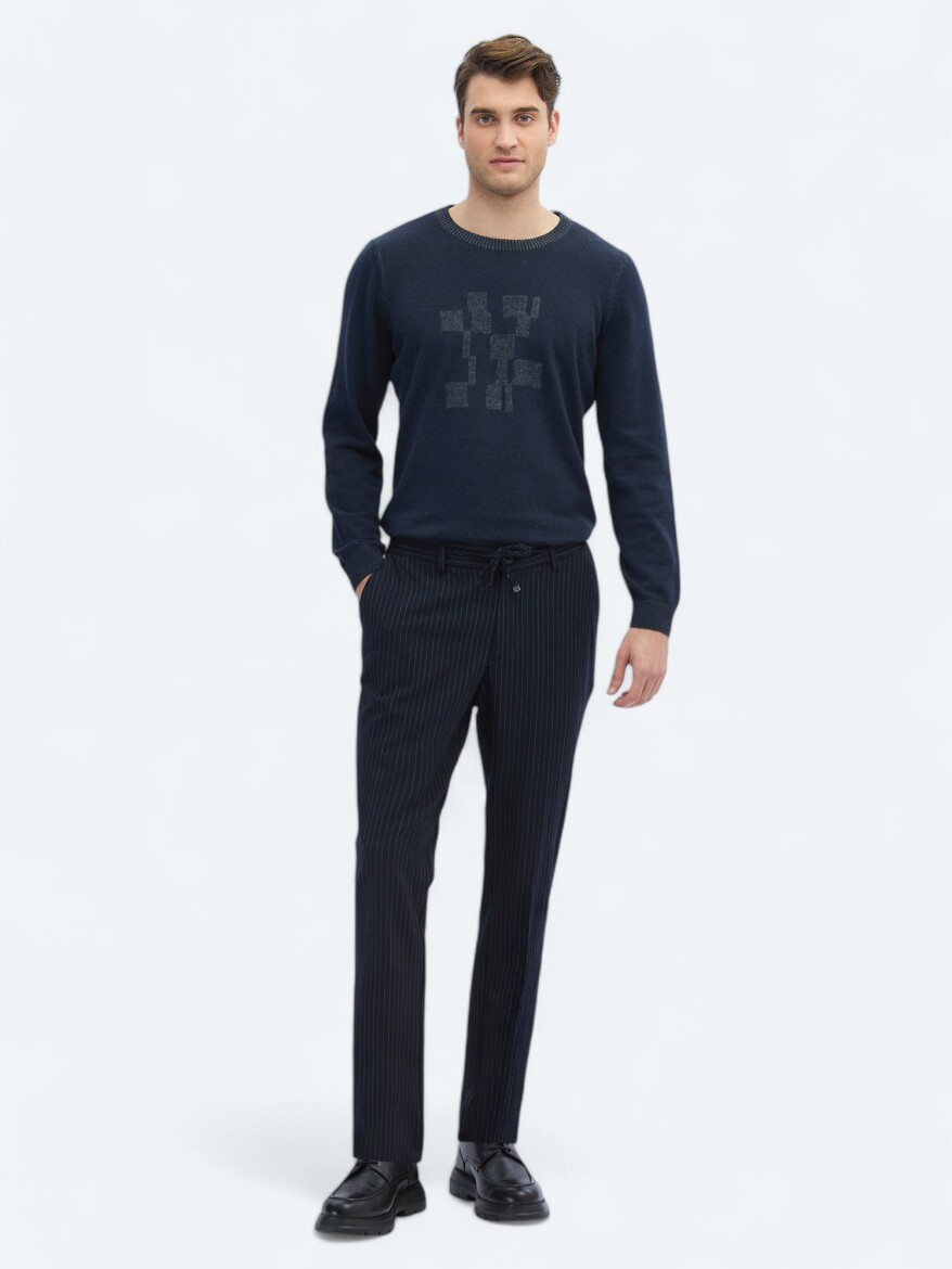 Navy Blue Knitting Jogging Fit Casual Trousers - 1