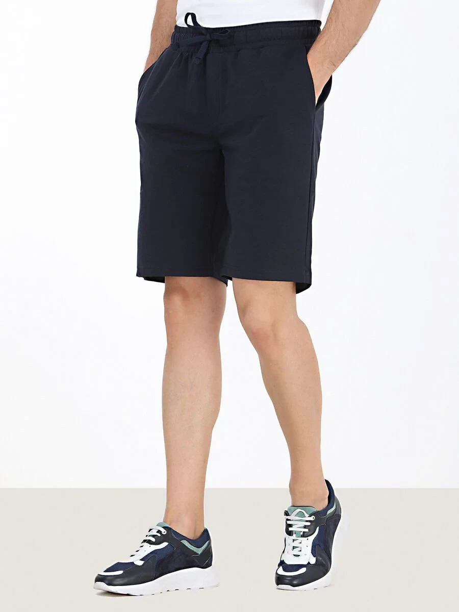 Navy Blue Knitting Jogging Fit Sport Cotton Blended Bermuda - 1