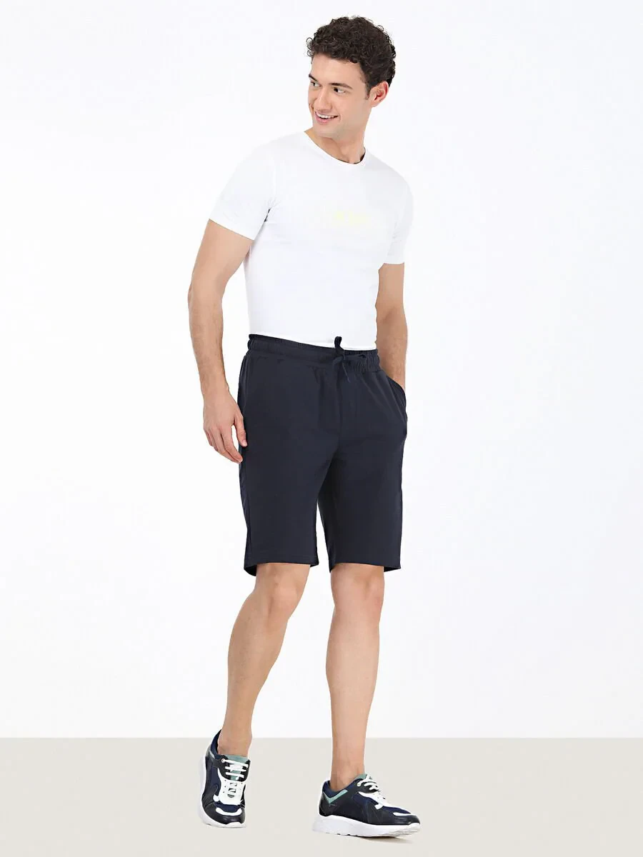 Navy Blue Knitting Jogging Fit Sport Cotton Blended Bermuda - 2